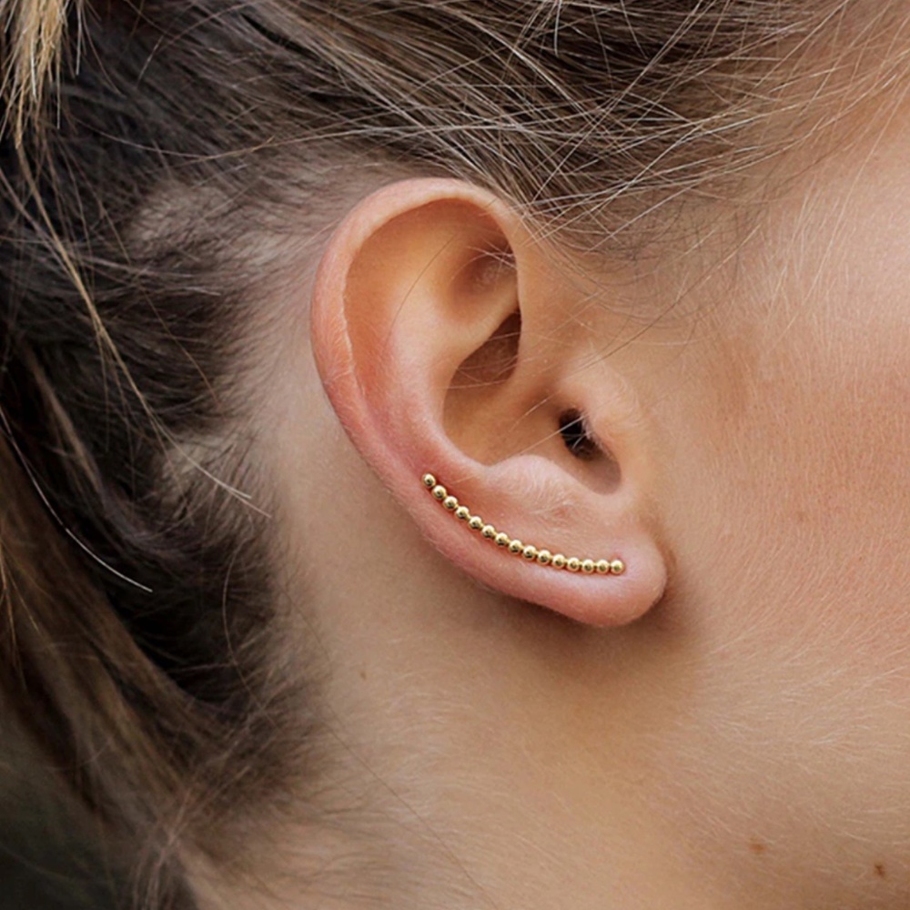 Sterling Silver Beaded Gold Toned Ear Climber Studded Earrings - Picture 1 of 6